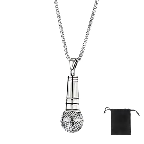 KUMSODE Damen Herren Anhänger Edelstahl mit Halskette Vintage Punk Rock Mikrofon Anhänger 60cm Kette, Silber KUMSODE Damen Herren Anhänger Edelstahl mit Halskette Vintage Punk Rock Mikrofon Anhänger 60cm Kette, Silber von KUMSODE
