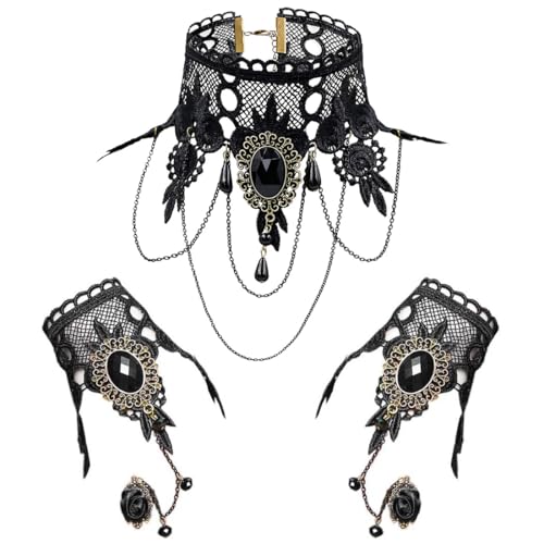 KUMSODE Gothic Halsband-Armband-Set für damen Spitzenarmband Choker und Finger Kette für Partys Halloween Karneval Cosplay Kostüm Zubehör und Abende Vampir Halskette und Armband von KUMSODE