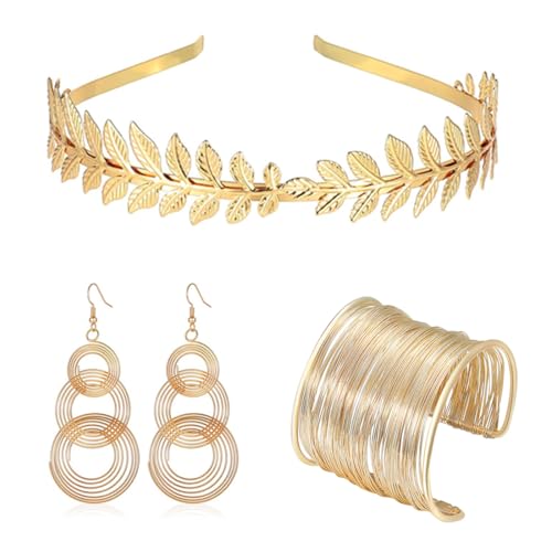 KUMSODE Griechische Göttin Kostüm Schmuck Set，Hochzeit Brautschmuck Oberarmreif Ohrringe Lorbeerkranz Armband Goldene Hochzeit Boho Blatt Haar Krone Accessories Mädchen Damen von KUMSODE