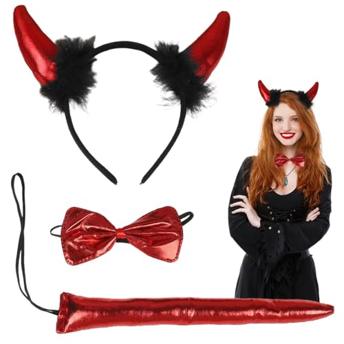 KUMSODE Halloween Kinderkostümset Teufel Set,Teufelshörner Schweif und Fliege, Hörner Kopfschmuck Teufel Accessoire Fasching Karneval, Mottoparty von KUMSODE