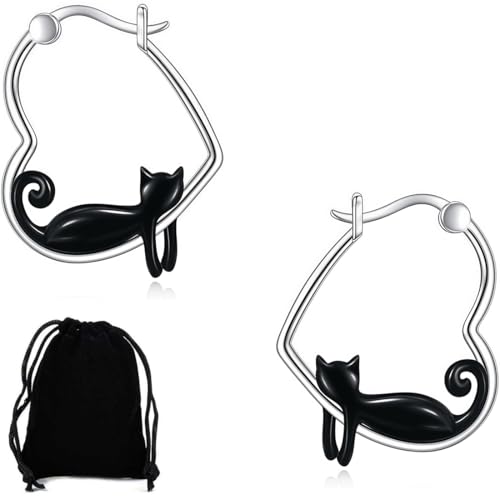 KUMSODE Katzen Ohrringe Damen Niedliche Tier 925 Sterling Silber Hoop Ohrring Hypoallergen S925 Schmuck Geschenk für Damen Mädchen von KUMSODE