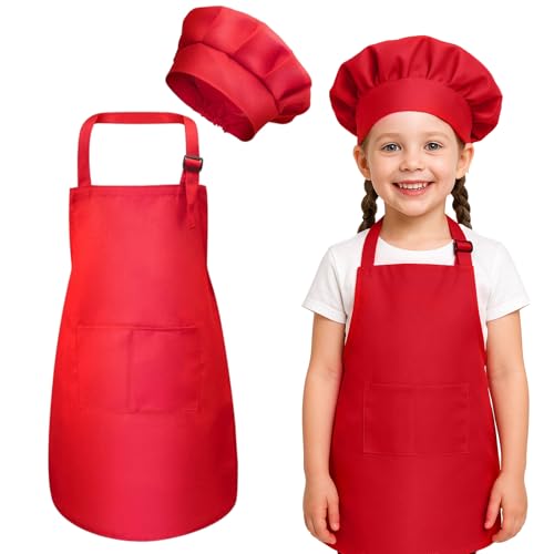 KUMSODE Kinder Schürze und Kochmütze Set Verstellbare Koch-Kunstschürze mit 2 Taschen Kleinkind-Kochmütze und Schürze zum Kochen Backen und Malen von KUMSODE