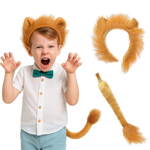 KUMSODE Löwe Stirnband Schwanz Set Tier Kostüm Set Halloween Kostüme Plüsch Löweohren Löweschwanz Cosplay Set Haarreifen Löwe Tierohren Schwanz Set Haarspange Headwear Damen von KUMSODE