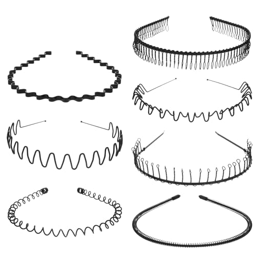 KUMSODE Metall Haarband, 7 Stück Damen Herren Haarbänder Welle Schwarz Frühling Haarreifen, Elastisches Haarreifen mit Rutschfesten Zähnen für Outdoor Sports Yoga von KUMSODE