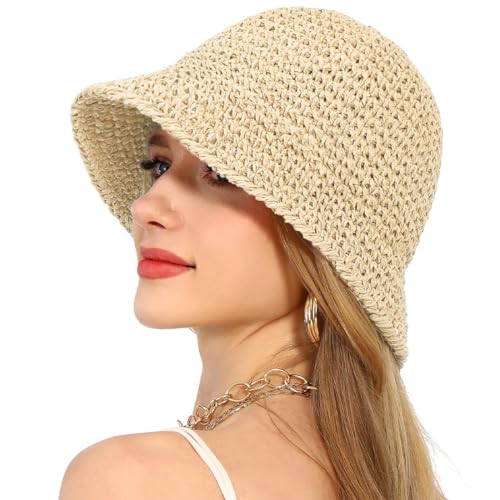 KUMSODE Sonnenhut Damen Sommer Strohhut Faltbar Handgemachter Strandhut UV-Schutz von KUMSODE