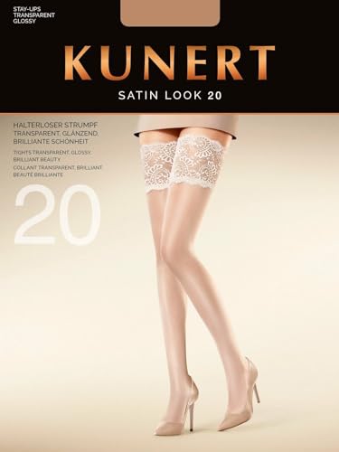 KUNERT Damen Halterlose Strümpfe Satin Look 20 breites Spitzenband 20 DEN Cashmere 0540 S von KUNERT