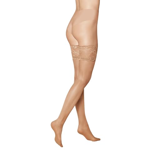 KUNERT Damen Halterlose Strümpfe Satin Look 20 breites Spitzenband 20 DEN tan 1003 L von KUNERT