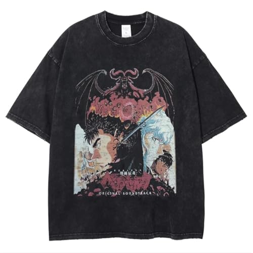 Herren Anime Baumwolle T-Shirt, Vintage Washed Schwarz, Grafikdruck Design Kurzarm, S-5XL (Black-Y,4XL) von KUNIIS