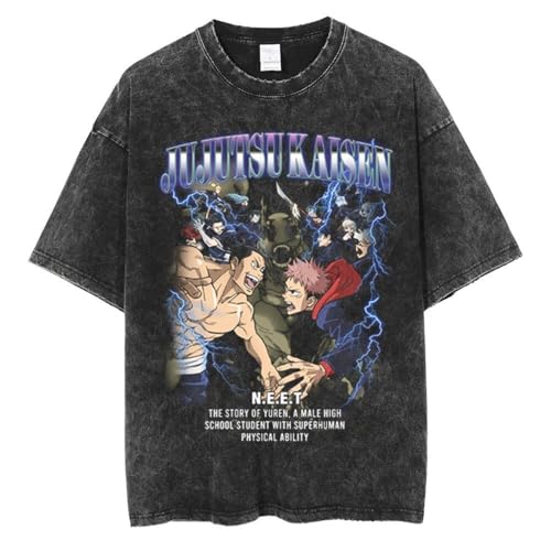 Herren Anime Cartoon Washed Cotton T-Shirt, Dunkle Farbe, Kurze Ärmel (Black,XXL) von KUNIIS