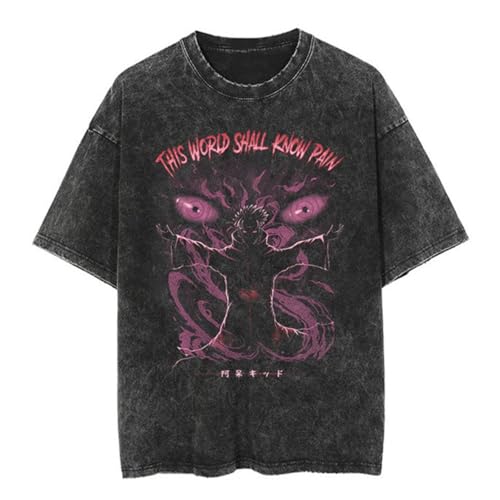 Herren Anime Grafik T-Shirt, Vintage Washed, Schwarz, Oversized Fit, Kurzarm, S-5XL (Black-D,5XL) von KUNIIS