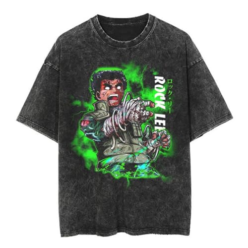 Herren Anime Grafik T-Shirt, Vintage Washed, Schwarz, Oversized Fit, Kurzarm, S-5XL (Black-R,XL) von KUNIIS
