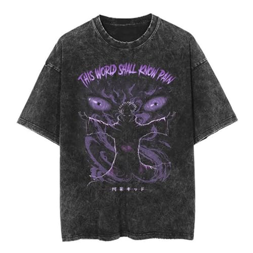 Herren Anime Grafik T-Shirt, Vintage Washed, Schwarz, Oversized Fit, Kurzarm, S-5XL (Black-X,XXL) von KUNIIS