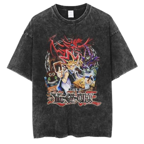 Herren Anime Grafik T-Shirt mit kurzen Ärmeln, Vintage Washed Cotton, Character Print Design, S-3XL, Schwarz (21,XXL) von KUNIIS