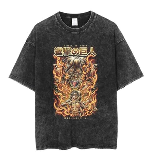 Herren Anime Grafik T-Shirt mit kurzen Ärmeln, Vintage Washed Cotton, Character Print Design, S-3XL, Schwarz (24,XL) von KUNIIS