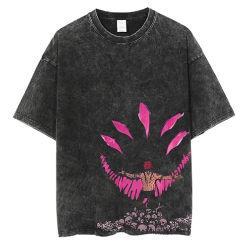 Herren Washed Vintage Anime Cartoon T-Shirt, Baumwolle, Kurzarm, Dunkel, S-3XL (S) von KUNIIS