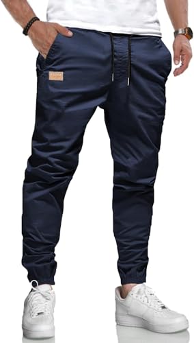 KUNJLELP Herren Hose Chino Cargo Jogginghose Baumwolle Sporthose Trainingshose mit Kordelzug Casual mit Taschen,Blau-01,M von KUNJLELP