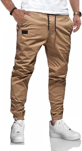 KUNJLELP Herren Hose Chino Cargo Jogginghose Baumwolle Sporthose Trainingshose mit Kordelzug Casual mit Taschen,Braun-01,XL von KUNJLELP