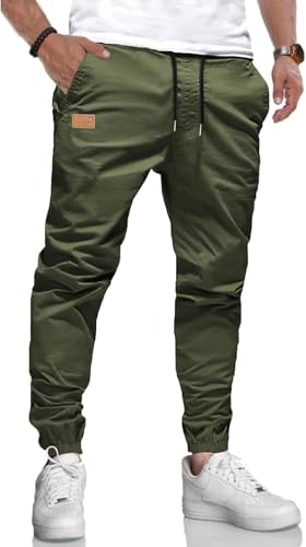 KUNJLELP Herren Hose Chino Cargo Jogginghose Baumwolle Sporthose Trainingshose mit Kordelzug Casual mit Taschen,Grün-01,S von KUNJLELP