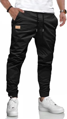 KUNJLELP Herren Hose Chino Cargo Jogginghose Baumwolle Sporthose Trainingshose mit Kordelzug Casual mit Taschen,Schwarz-01,M von KUNJLELP