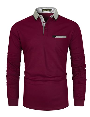KUNJLELP Herren Poloshirt Basic Langarm aus Reiner Baumwolle Casual Polohemd Slim Fit Kontrastfarbe Golf T-Shirt,Rot 02,3XL von KUNJLELP