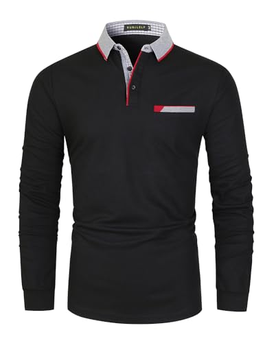 KUNJLELP Herren Poloshirt Basic Langarm aus Reiner Baumwolle Casual Polohemd Slim Fit Kontrastfarbe Golf T-Shirt,Schwarz 02,3XL von KUNJLELP