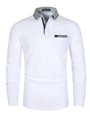 KUNJLELP Herren Poloshirt Basic Langarm aus Reiner Baumwolle Casual Polohemd Slim Fit Kontrastfarbe Golf T-Shirt,Weiß 02,M von KUNJLELP