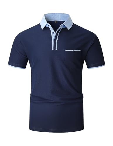 KUNJLELP Herren Poloshirt Kurzarm,100% Baumwolle,Sommer Slim Fit Sports Golf Polohemd Blau Patchwork Kragen T-Shirt M-3XL,Blau,XL von KUNJLELP