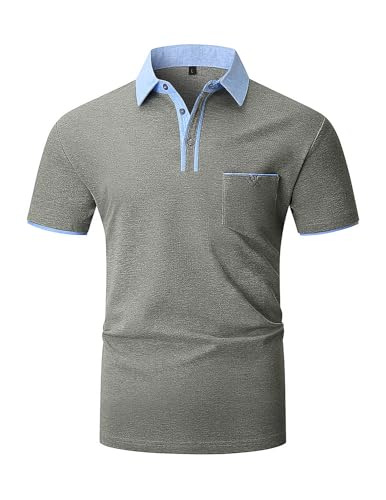 KUNJLELP Herren Poloshirt Kurzarm,100% Baumwolle,Sommer Slim Fit Sports Golf Polohemd Blau Patchwork Kragen T-Shirt M-3XL,Grau,3XL von KUNJLELP