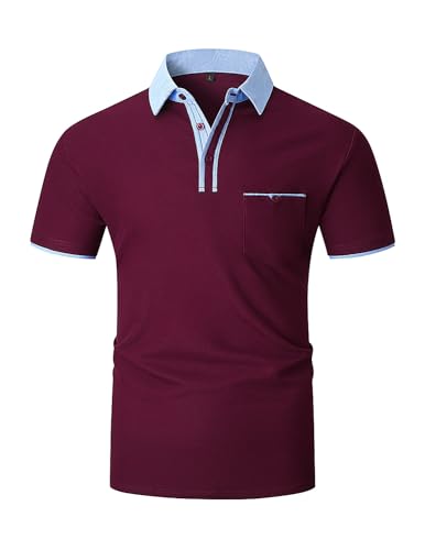 KUNJLELP Herren Poloshirt Kurzarm,100% Baumwolle,Sommer Slim Fit Sports Golf Polohemd Blau Patchwork Kragen T-Shirt M-3XL,Rot,L von KUNJLELP