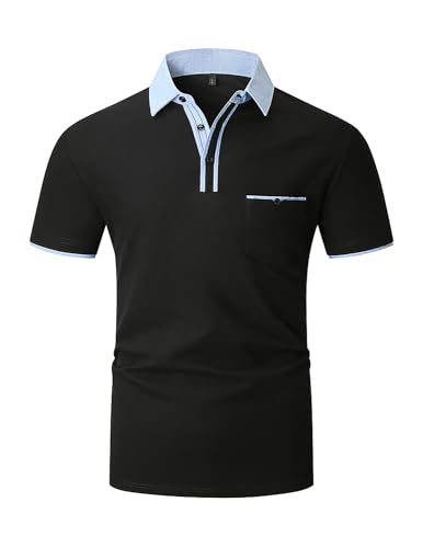 KUNJLELP Herren Poloshirt Kurzarm,100% Baumwolle,Sommer Slim Fit Sports Golf Polohemd Blau Patchwork Kragen T-Shirt M-3XL,Schwarz,XL von KUNJLELP