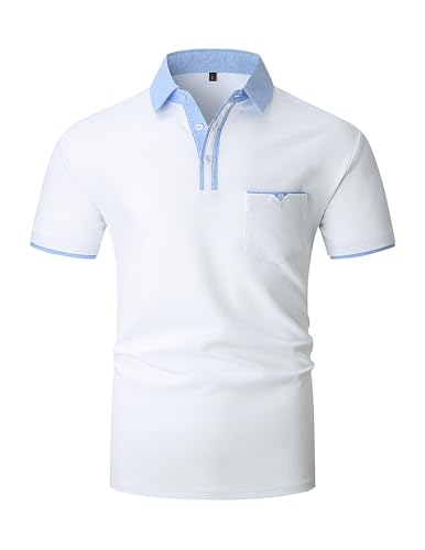 KUNJLELP Herren Poloshirt Kurzarm,100% Baumwolle,Sommer Slim Fit Sports Golf Polohemd Blau Patchwork Kragen T-Shirt M-3XL,Weiß,3XL von KUNJLELP