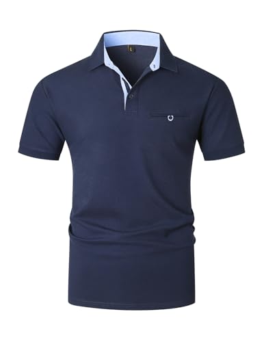 KUNJLELP Herren Poloshirt Kurzarm aus Baumwolle Slim Fit Polohemd Basic Golf Polo mit Tasche,Blau 45,L von KUNJLELP