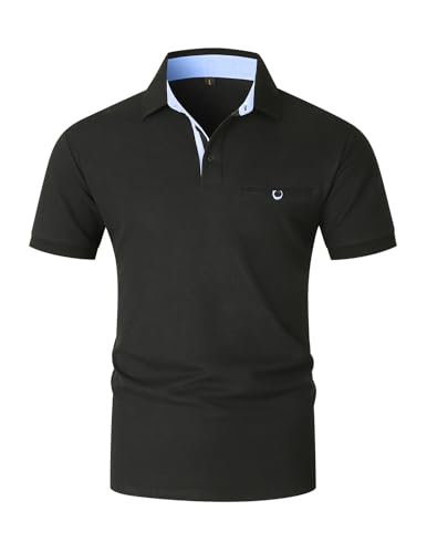 KUNJLELP Herren Poloshirt Kurzarm aus Baumwolle Slim Fit Polohemd Basic Golf Polo mit Tasche,Schwarz 45,XXL von KUNJLELP