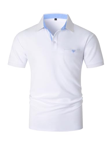 KUNJLELP Herren Poloshirt Kurzarm aus Baumwolle Slim Fit Polohemd Basic Golf Polo mit Tasche,Weiß 45,3XL von KUNJLELP