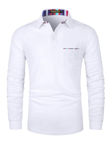 KUNJLELP Herren Poloshirt Langarm Basic Lässigem Herren Polohemd Bunt Gestreiftes Poloshirts mit Kragen Golf T Shirt,A-Weiß,XL von KUNJLELP