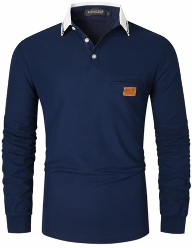 KUNJLELP Herren Poloshirt Langarm Baumwoll Mode kariert Polohemd Golf Polo Shirt,Blau,3XL von KUNJLELP