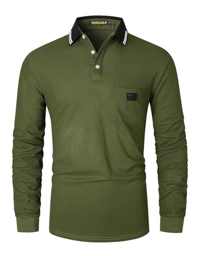 KUNJLELP Herren Poloshirt Langarm Baumwoll Mode kariert Polohemd Golf Polo Shirt,Grün,L von KUNJLELP