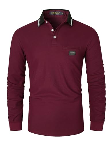 KUNJLELP Herren Poloshirt Langarm Baumwoll Mode kariert Polohemd Golf Polo Shirt,Rot,L von KUNJLELP