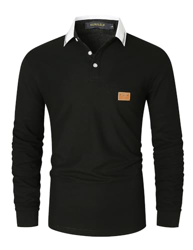 KUNJLELP Herren Poloshirt Langarm Baumwoll Mode kariert Polohemd Golf Polo Shirt,Schwarz,XL von KUNJLELP