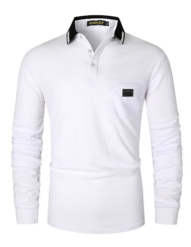 KUNJLELP Herren Poloshirt Langarm Baumwoll Mode kariert Polohemd Golf Polo Shirt,Weiß,3XL von KUNJLELP