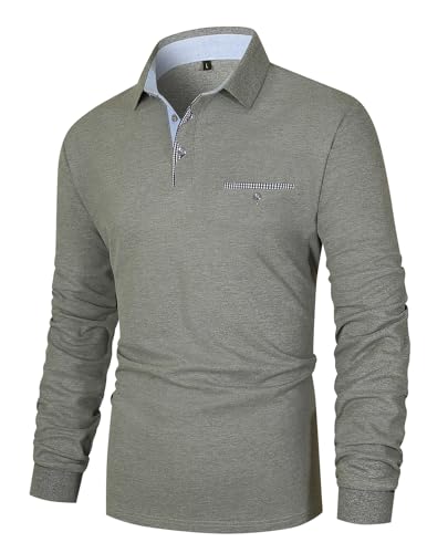KUNJLELP Herren Poloshirt Langarm Baumwolle Polo Kontrast Polohemd Male Klassisches Freizeit T-Shirts,L,Grau-48 von KUNJLELP