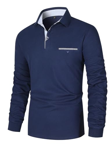 KUNJLELP Herren Poloshirt Langarm Baumwolle Polo Kontrast Polohemd Male Klassisches Freizeit T-Shirts,M,Blau-48 von KUNJLELP