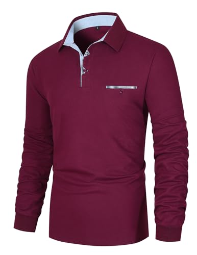 KUNJLELP Herren Poloshirt Langarm Baumwolle Polo Kontrast Polohemd Male Klassisches Freizeit T-Shirts,XL,Rot-48 von KUNJLELP
