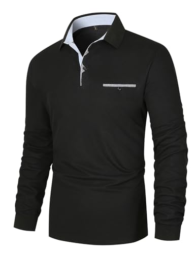 KUNJLELP Herren Poloshirt Langarm Baumwolle Polo Kontrast Polohemd Male Klassisches Freizeit T-Shirts,XL,Schwarz-48 von KUNJLELP