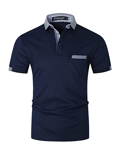 KUNJLELP Poloshirt Herren Kurzarm Polohemd Männer Kontrastfarbe Baumwolle mit Tasche T-Shirt Sommer,M,Blau-24 von KUNJLELP