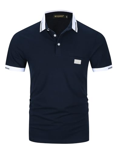 KUNJLELP Herren Poloshirt aus reinem Baumwoll-Piqué Mode kariert Polohemd Basic Kurzarm,Blau 04,XL von KUNJLELP