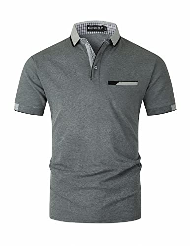 KUNJLELP Herren Poloshirt aus reinem Baumwoll-Piqué Mode kariert Polohemd Basic Kurzarm,Grau,L von KUNJLELP