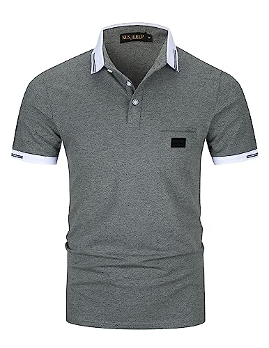 KUNJLELP Herren Poloshirt aus reinem Baumwoll-Piqué Mode kariert Polohemd Basic Kurzarm,Grau 01,3XL von KUNJLELP