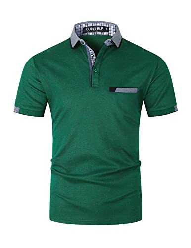 KUNJLELP Herren Poloshirt aus reinem Baumwoll-Piqué Mode kariert Polohemd Basic Kurzarm,Grün,M von KUNJLELP