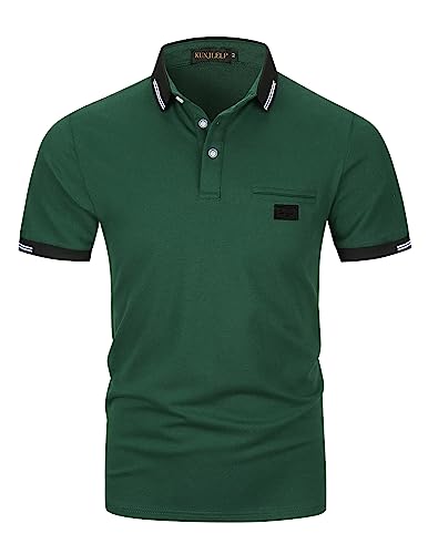 KUNJLELP Herren Poloshirt aus reinem Baumwoll-Piqué Mode kariert Polohemd Basic Kurzarm,Grün 01,M von KUNJLELP